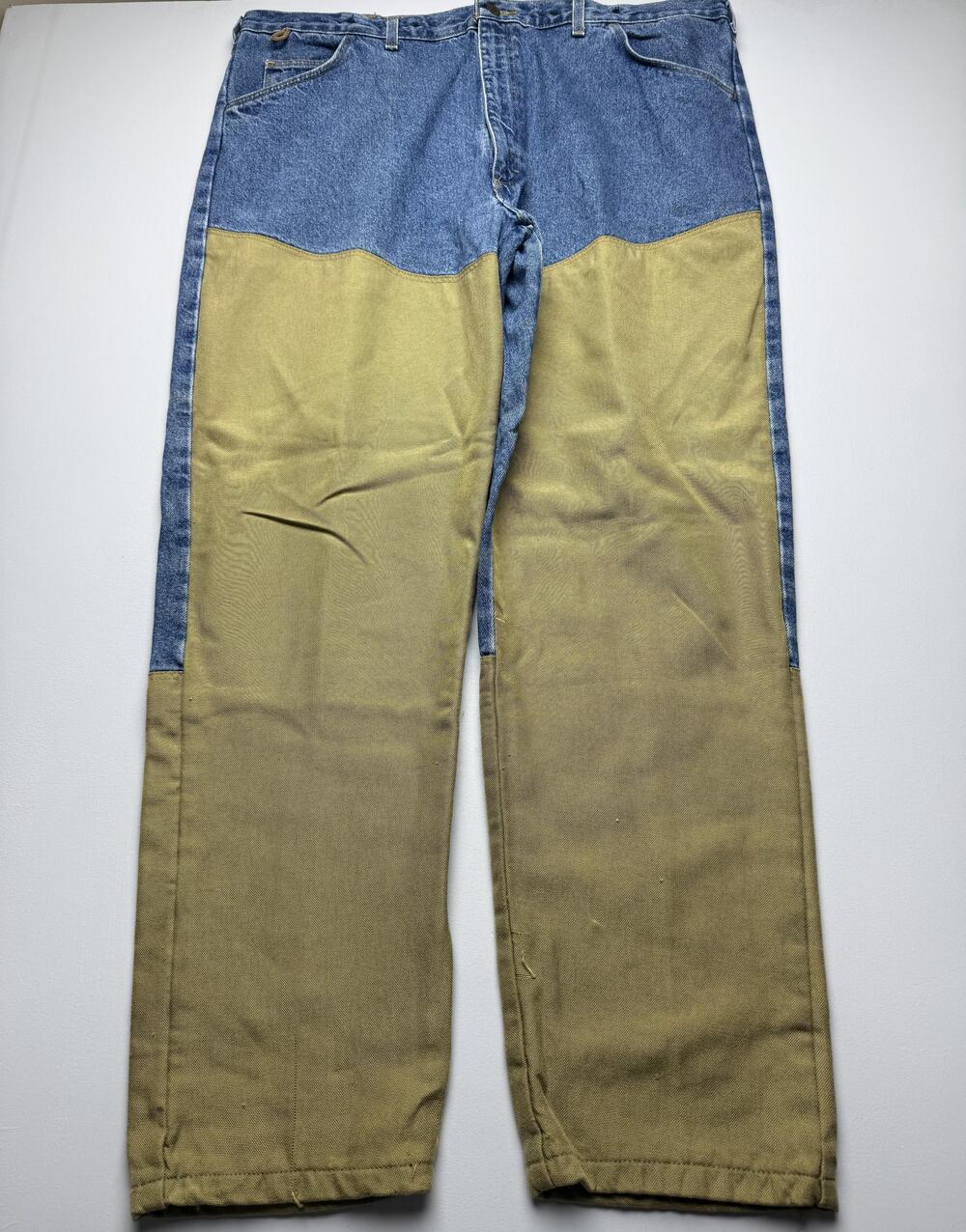 Wrangler Rugged Wear Jeans Mens 44x32 Blue Tan Denim Canvas Regular Work